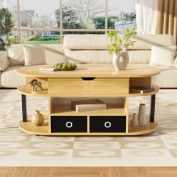 PINGGO Modern Wood Coffee Table Lifting Function Storage Space Black Fabric Drawers for Living Room Office