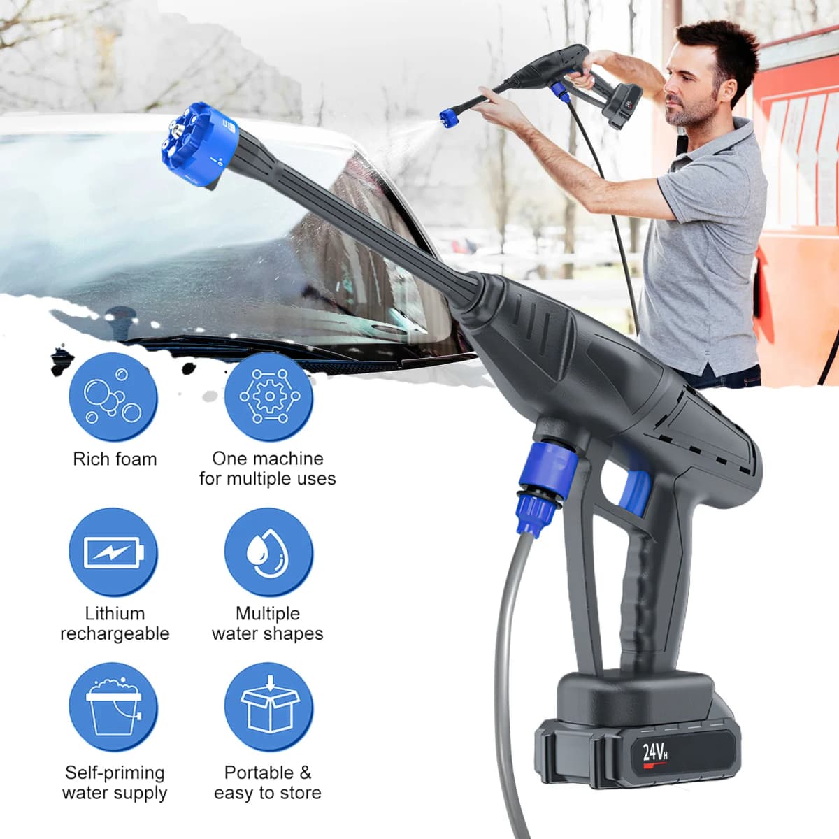 300W 26Bar Cordless High Pressure Washer, Portable Electric Spray Gun for Car/Home/Garden, Rechargeable Battery-Powered Water Cl