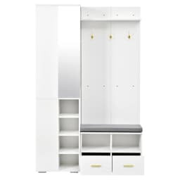 PINGGO White Wall Wardrobe Set with Mirror Shoe Bench 3 Hooks 2 Drawers Storage 120x35x190cm