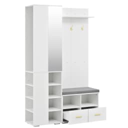 PINGGO White Wall Wardrobe Set with Mirror Shoe Bench 3 Hooks 2 Drawers Storage 120x35x190cm
