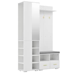 PINGGO White Wall Wardrobe Set with Mirror Shoe Bench 3 Hooks 2 Drawers Storage 120x35x190cm