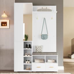 PINGGO White Wall Wardrobe Set with Mirror Shoe Bench 3 Hooks 2 Drawers Storage 120x35x190cm
