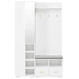 PINGGO White Wall Wardrobe Set with Mirror Shoe Bench 3 Hooks 2 Drawers Storage 120x35x190cm