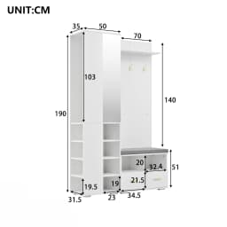 PINGGO White Wall Wardrobe Set with Mirror Shoe Bench 3 Hooks 2 Drawers Storage 120x35x190cm