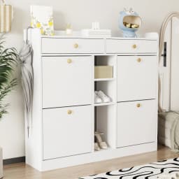110 X 26 X 100cm Elegant Wooden Shoe Cabinet with 4 Folding Doors, 2 Drawers, 3 Open Compartments, for Modern Hallways Entrance