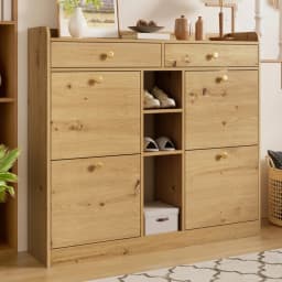 110 X 26 X 100cm Elegant Wooden Shoe Cabinet with 4 Folding Doors, 2 Drawers, 3 Open Compartments, for Modern Hallways Entrance