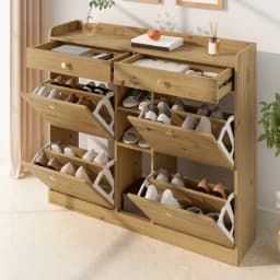 110 X 26 X 100cm Elegant Wooden Shoe Cabinet with 4 Folding Doors, 2 Drawers, 3 Open Compartments, for Modern Hallways Entrance