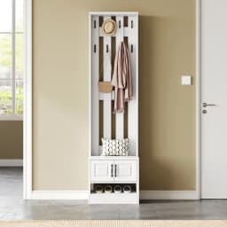 PINGGO Shoe Bench Shoe Cabinet Hallway Furniture With 2 Doors Rear Wall 8 Hooks White 50x36x190cm