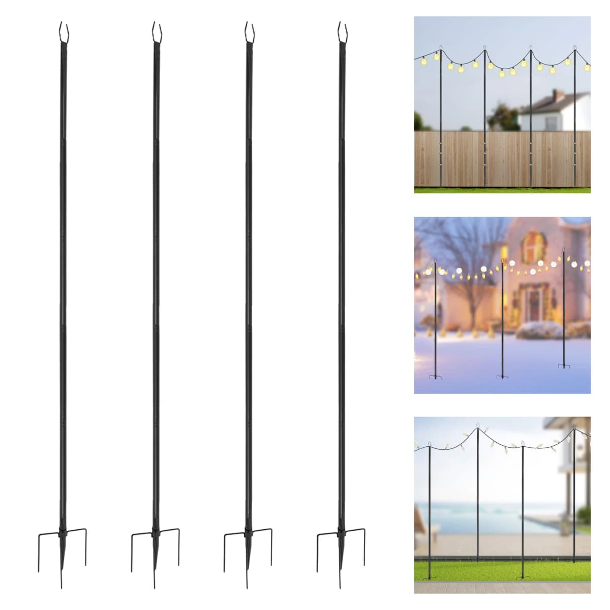 4 Pieces Black Outside Hanging Light Poles, Patio Lighting Stand 3m/10ft, To Hang Patio Lights, Flags, Wind Chimes, Mason Jars