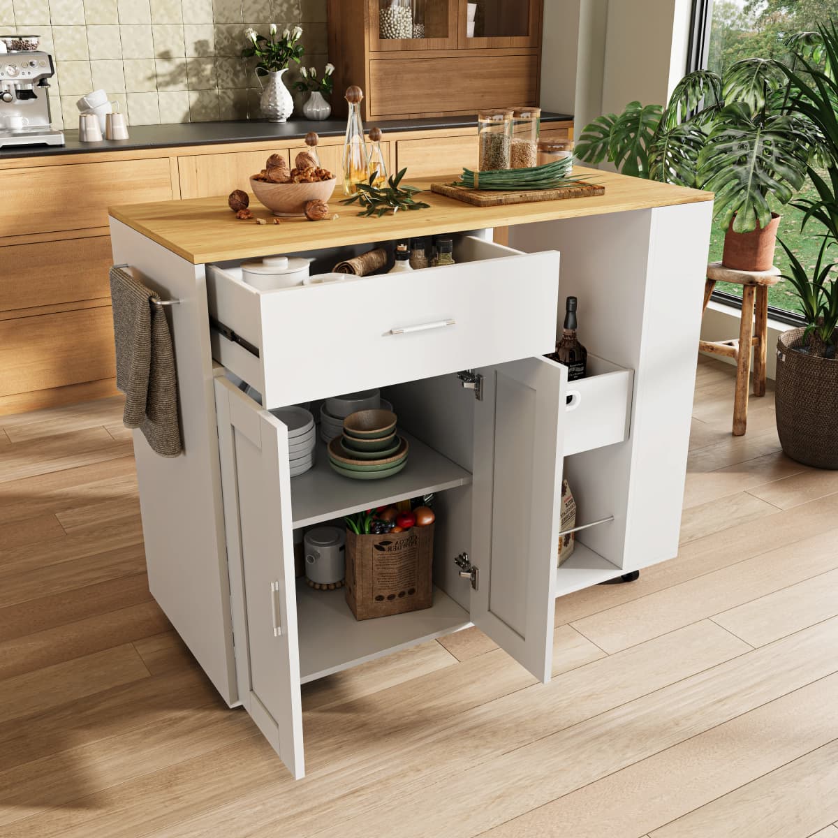 Rosahqnda Mobile Kitchen Island, Kitchen Trolley,Removable Storage Box,Oak tabletop,Storage Cabinets For Dining Room,Living Room