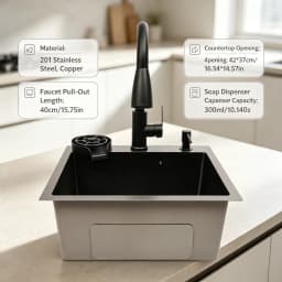 Kitchen Sink, 45 X 40 Cm, Stainless Steel, Retractable, 360 °, W/ Drain Basket + Soap Dispenser for Kitchen, Undercarriage Sink
