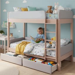 90x200cm Bunk Bed with Baby Cot Soft Anti-collision Sponge Edge Four-level Straight Staircase 2 Drawers Stable Slat Grille