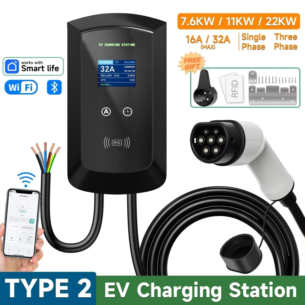 JNTAFEV 11KW 16A Type 2 EV Charger 32A 7.6KW/22KW Electric Car Charger 1/3Phase Car Charging Station Wallbox WiFi APP Control