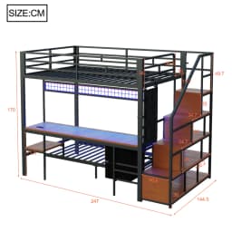 Metal Bunk Bed, Multi-function Bed with Desk, LED, with Sockets, Open Storage and Fabric Drawers, 140*200 Cm and 90*200 Cm