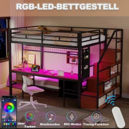 Metal Bunk Bed, Multi-function Bed with Desk, LED, with Sockets, Open Storage and Fabric Drawers, 140*200 Cm and 90*200 Cm