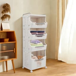 4 Tier Folding Laundry Basket with Wheels Large Capacity Foldable Dirty Clothes Hamper Storage Organizer for Bathroom Bedroom