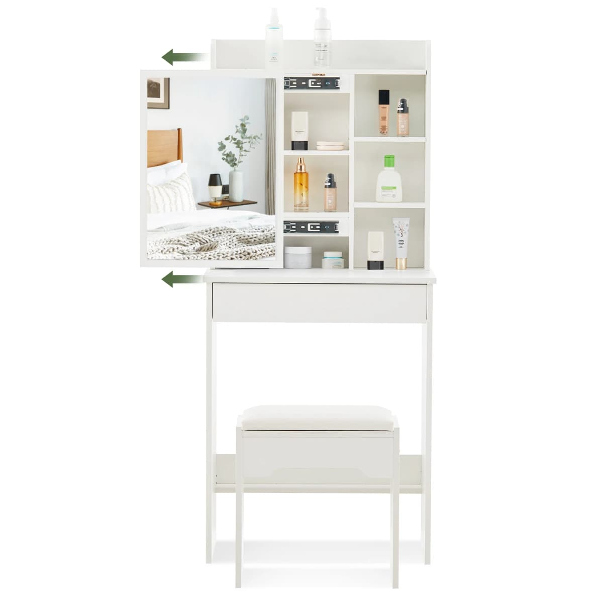 Dressing table set with stool, cosmetics table with 1 sliding mirror, drawers