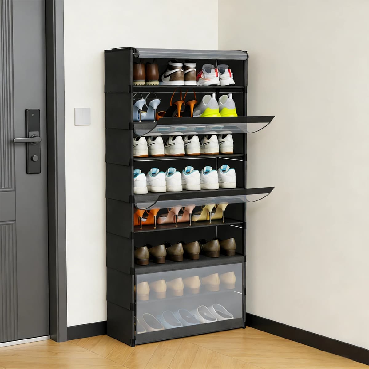 Shoe Rack, 8 Compartments, Shoe Cabinet with Doors, for 24 Pairs, Modular Plastic Shelf, for Entryway, Bedroom, Hallway