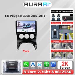 AI Voice Control Car Intelligent Screen for Peugeot 3008 2009-2015 Carplay Android Auto radio 2K multimedia player ADAS+360 Cam