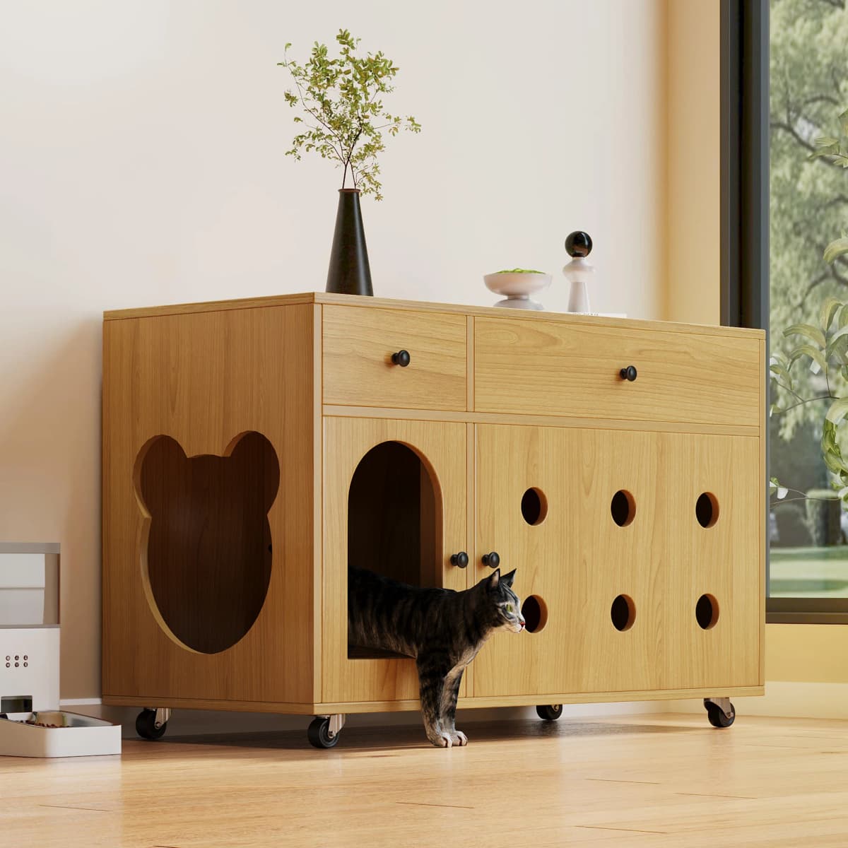 Cat litter box cabinet (mobile litter box) – Cat cabinet/cat house with removable sand drain plate, odor-insulated