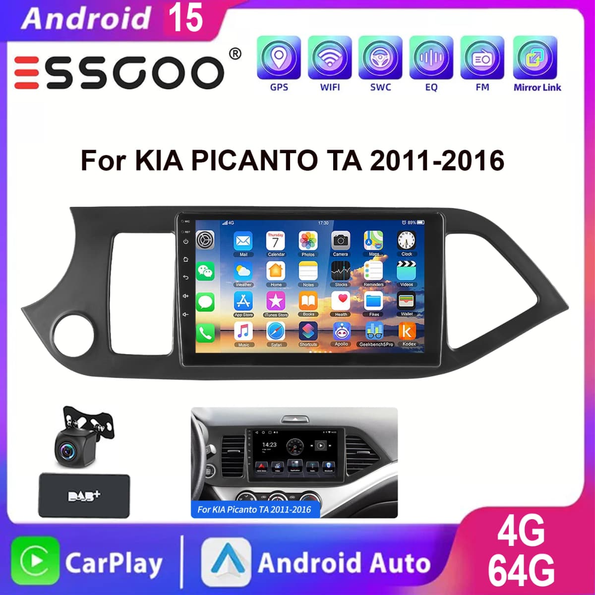 ESSGOO For KIA PICANTO TA 2011-2016 Android 15 9" Apple CarPlay Android auto Car Stereo Radio GPS Nav BT USB FM WIFI Mirror link