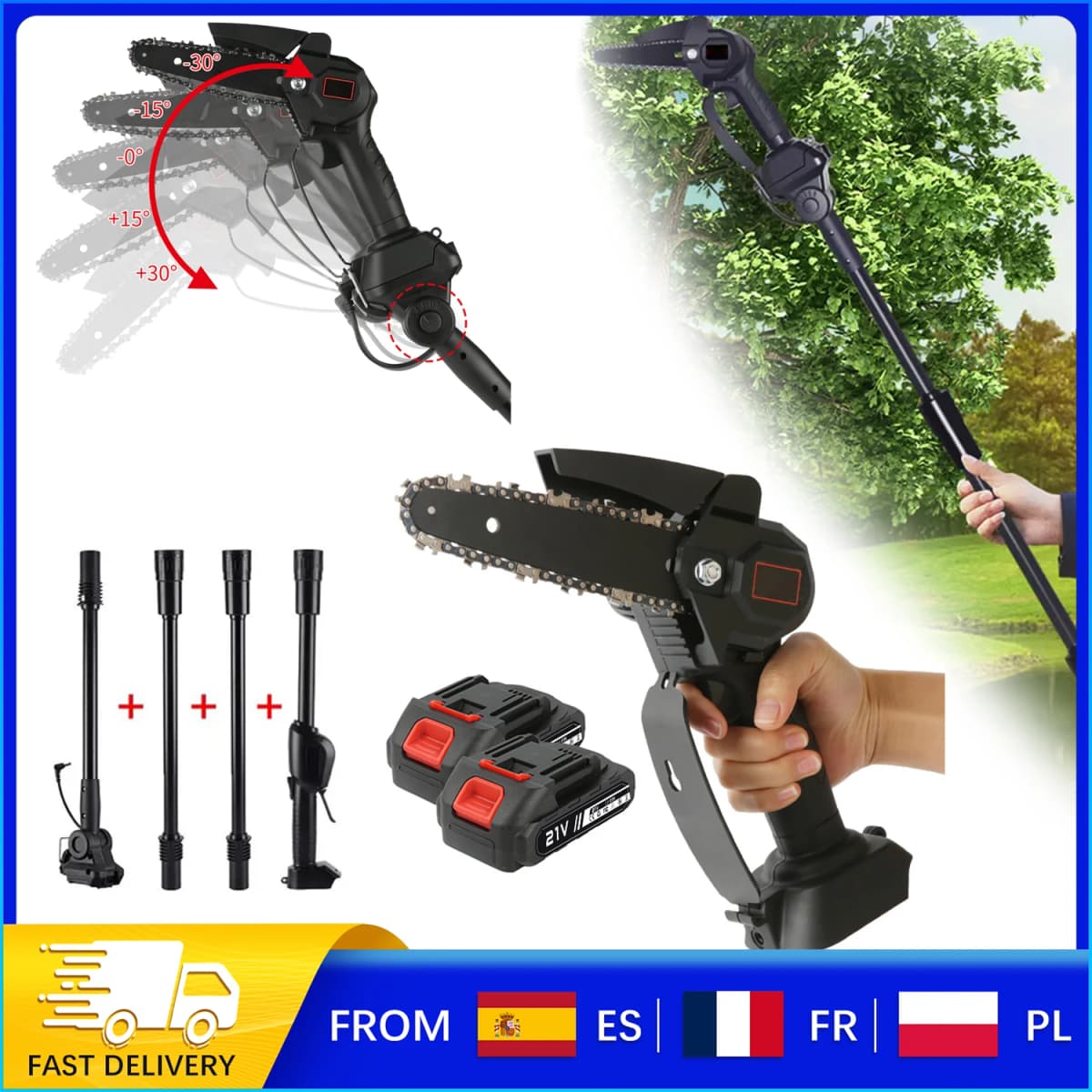 21V Cordless Pole Saw, 6 Inch 2-in-1 Electric Mini Chainsaw with 4Pcs Extension Rod, 5 Adjustable Angles, Handheld Tree Trimmer for Branch Pruning Garden Cutting
