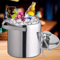 Stainless Steel Double Wall Ice Bucket with Lid And Tongs 1.3L Capacity for Drinks And Beverages