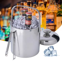 Stainless Steel Double Wall Ice Bucket with Lid And Tongs 1.3L Capacity for Drinks And Beverages