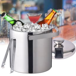 Stainless Steel Double Wall Ice Bucket with Lid And Tongs 1.3L Capacity for Drinks And Beverages