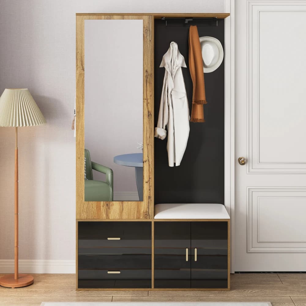 Multifunctional Coat Racks Wardrobe Set with Mirror Shoe Cabinet Bench Hooks Pull Out Hangers for Entryway Storage Organizer