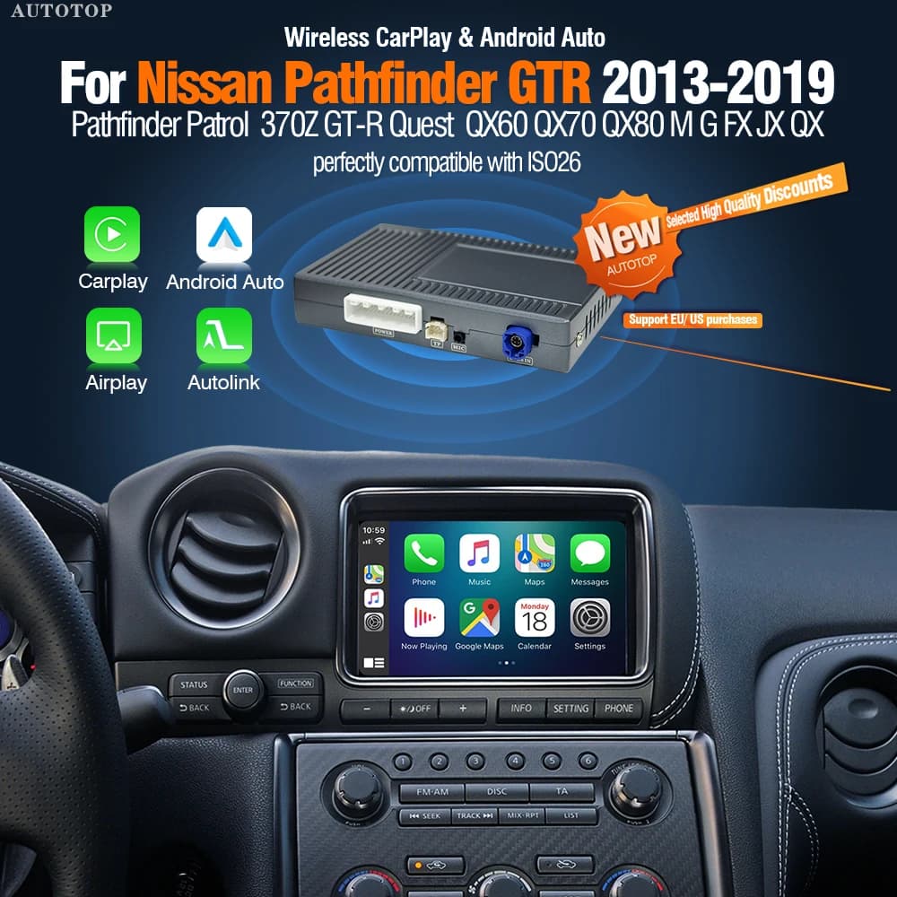 AUTOTOP Wireless CarPlay Retrofit Kit Decoder for Nissan Pathfinder Patrol GTR 370Z Quest 2013-2019 QX60 QX70 Android Auto GPS