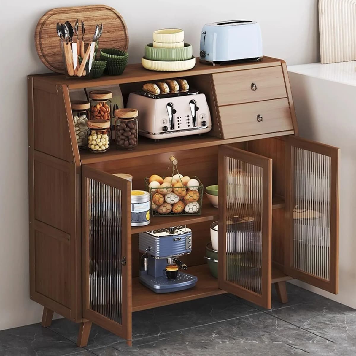 Buffet Cabinet 2 Drawers 3 Translucent Doors Kitchen Buffet Sideboard Multifunction Space Saving 2 Shelves for Dining Room