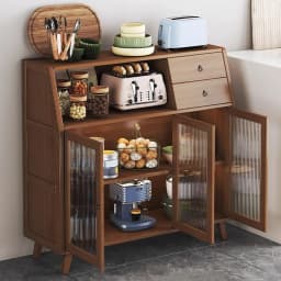 Buffet Cabinet 2 Drawers 3 Translucent Doors Kitchen Buffet Sideboard Multifunction Space Saving 2 Shelves for Dining Room