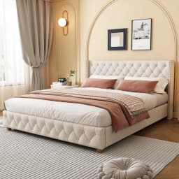 180x200cm Linen Upholstered Bed with Lattice Headboard Button Rivet Design Solid Wood Legs Without Mattress109