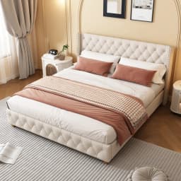 180x200cm Linen Upholstered Bed with Lattice Headboard Button Rivet Design Solid Wood Legs Without Mattress109