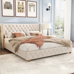 180x200cm Linen Upholstered Bed with Lattice Headboard Button Rivet Design Solid Wood Legs Without Mattress109