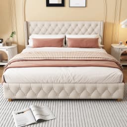 180x200cm Linen Upholstered Bed with Lattice Headboard Button Rivet Design Solid Wood Legs Without Mattress109