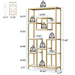 Tribesigns 180 cm High Gold Bookcase, Modern Freestanding Bookcase with 11 Open Storage Shelves, High Display Bookshelves