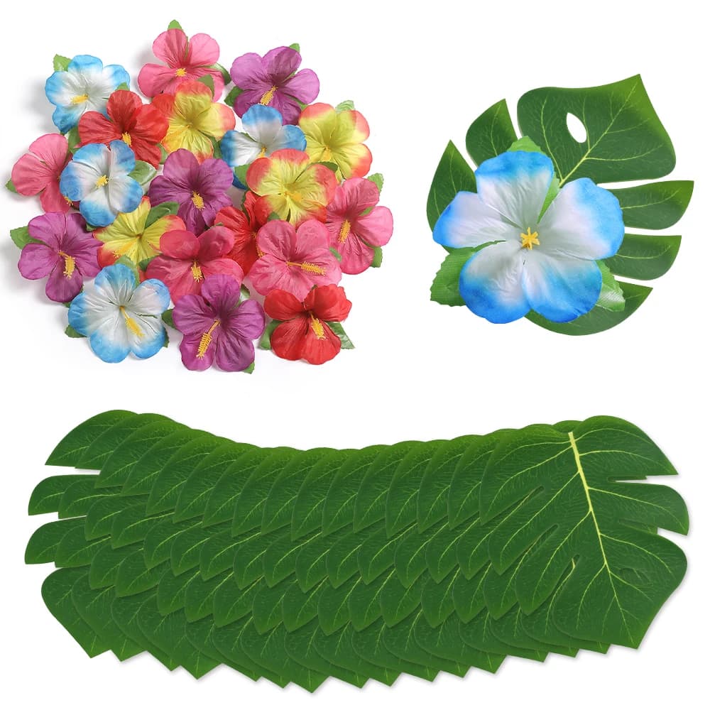 48 Pieces Of Palm-Leaf Hibiscus Flowers Simulated Artificial Leaf Hawaiian Jungle Beach Theme Birthday Dining Table Decoration