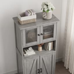 HAUSPROFI Tall Storage Cabinet 128cm with Glass Doors – Adjustable Shelves, Damp-Resistant for Kitchen, Bathroom & Hallway