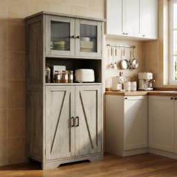 HAUSPROFI Tall Storage Cabinet 128cm with Glass Doors – Adjustable Shelves, Damp-Resistant for Kitchen, Bathroom & Hallway