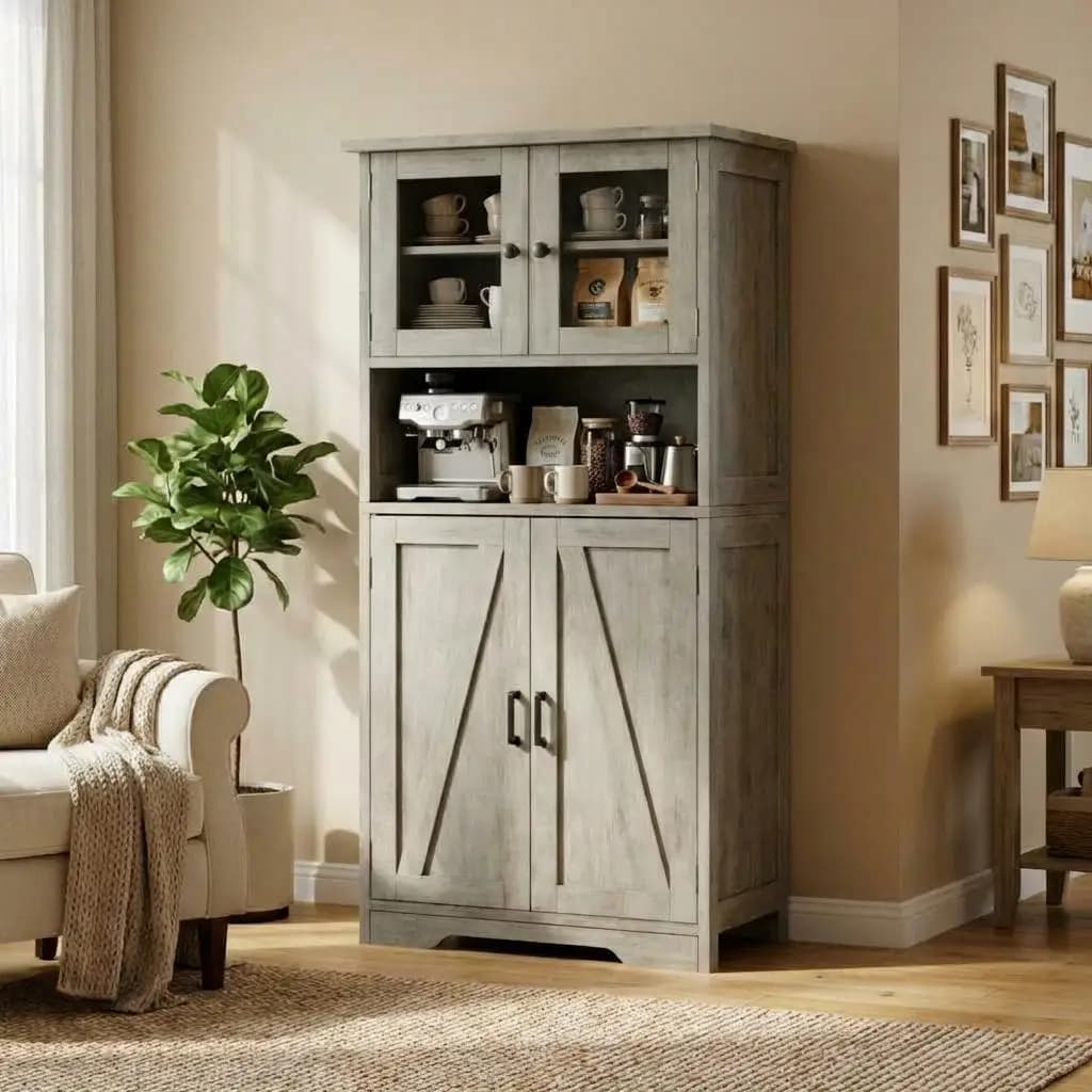 HAUSPROFI Tall Storage Cabinet 128cm with Glass Doors – Adjustable Shelves, Damp-Resistant for Kitchen, Bathroom & Hallway