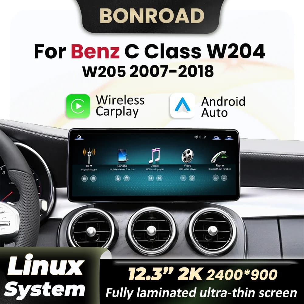 12.3" 2K Wireless CarPlay Andorid Auto For Benz C Class 2011-2018 W204 W205 S205 C204 Car Screen Radio Multimedia Navigation GPS