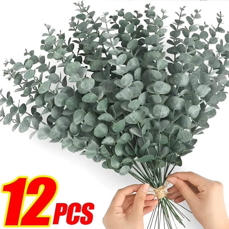 12/10PCS Eucalyptus Leaves Bunch Branch Artificial Plastic Plants Leaves Green Stems Wedding Faux Fake Flowers Cake DIY Decor