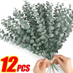 12/10PCS Eucalyptus Leaves Bunch Branch Artificial Plastic Plants Leaves Green Stems Wedding Faux Fake Flowers Cake DIY Decor