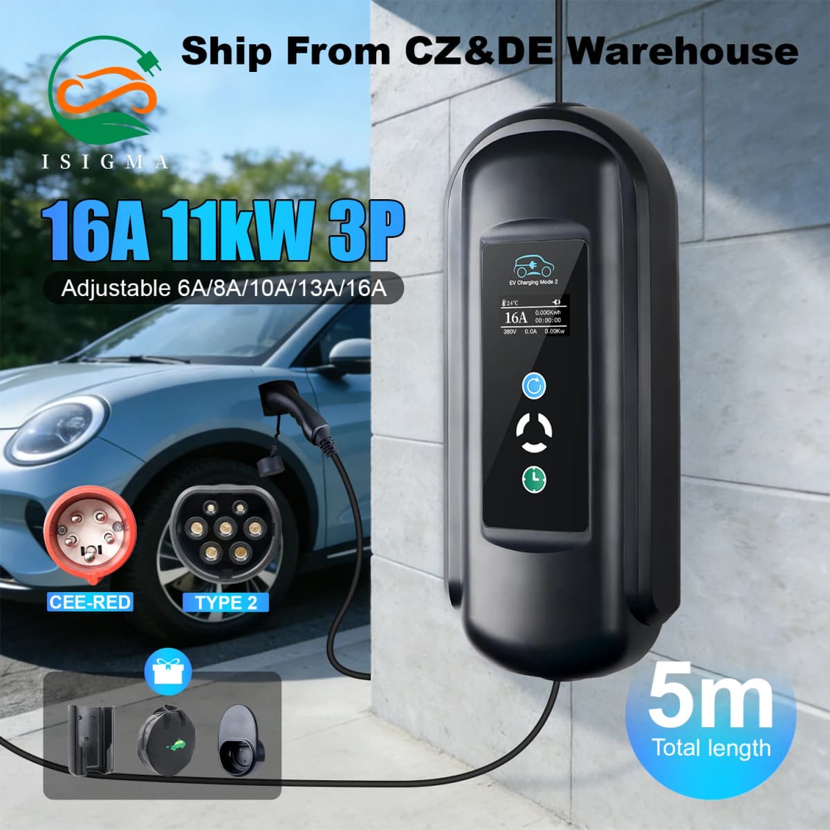 ISIGMA 5M 11KW EU Type 2 Mobile EV Charger 16A IEC 62169 Home Charging EVSE for PHEV EV New Energy Electric Hybrid Cars