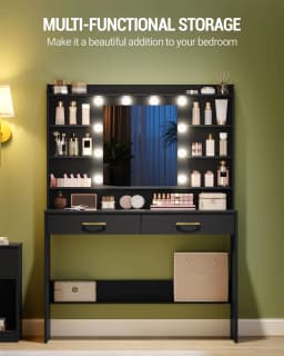 Dressing Table with Mirror, Dressing Table with Shelves and 2 Drawers for Bedroom, Living Room, Adjustable Brightness