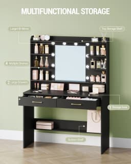 Dressing Table with Mirror, Dressing Table with Shelves and 2 Drawers for Bedroom, Living Room, Adjustable Brightness