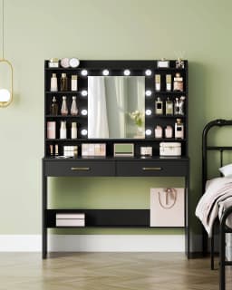 Dressing Table with Mirror, Dressing Table with Shelves and 2 Drawers for Bedroom, Living Room, Adjustable Brightness