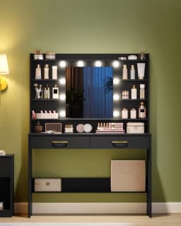 Dressing Table with Mirror, Dressing Table with Shelves and 2 Drawers for Bedroom, Living Room, Adjustable Brightness
